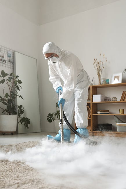 A professional cleaner dressed in white protective suits, including gloves and a mask, is performing deep carpet cleaning in a modern living room using a steam cleaning machine. The room features a beige carpet, white walls, and wooden shelving units with decorative items, plants, and picture frames. Bright natural light illuminates the space, emphasizing the cleanliness and freshness achieved through the sanitisation process, with visible steam and foam on the carpet surface. Kingston Carpet Cleaning specializes in surface cleaning and hygienic maintenance for residential properties, as illustrated in this scene of thorough domestic cleaning.